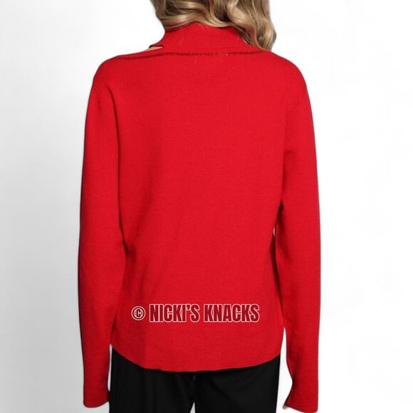 Calvin Klein Sequin Trim Cutout Sweater in Rouge Red Long Sleeve Pullover Size M - Picture 7 of 11
